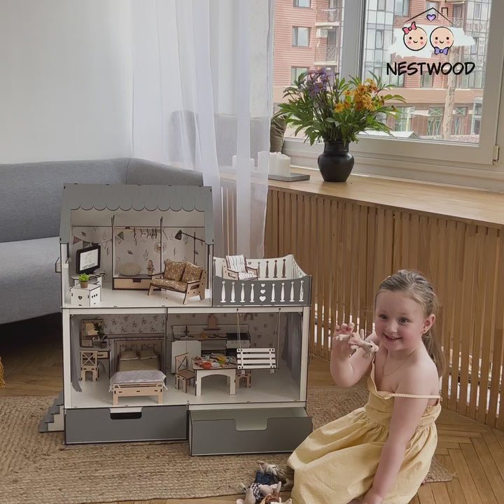 Puppenhaus Dream aus Holz mit Organizer im Maßstab 1:6 NestWood Eco