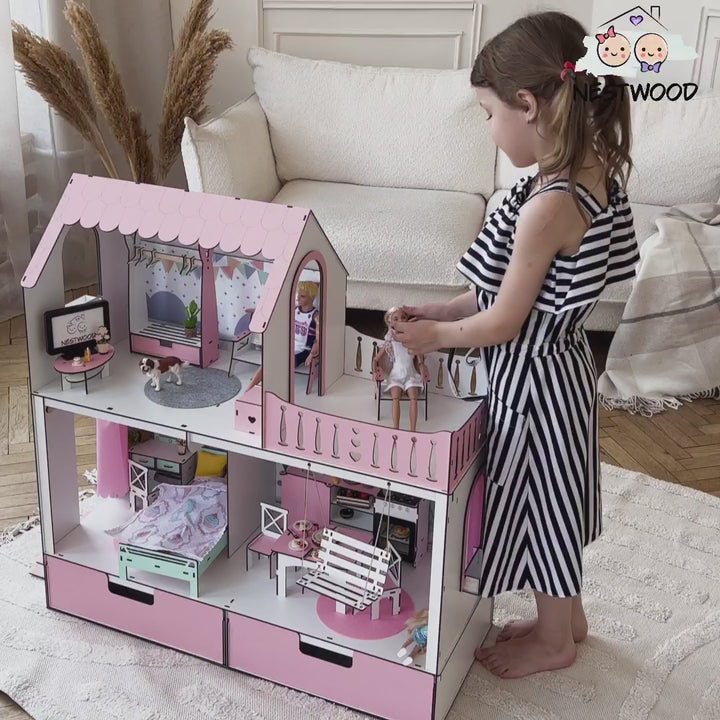 Puppenhaus Dream aus Holz mit Organizer im Maßstab 1:6 NestWood Pink