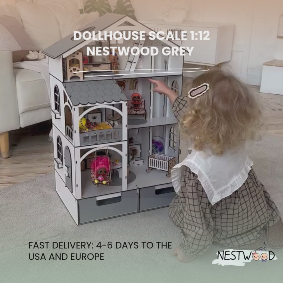 Puppenhaus aus Holz Smart House mit Organizer und Aufzug Maßstab 1:12 NestWood Eco