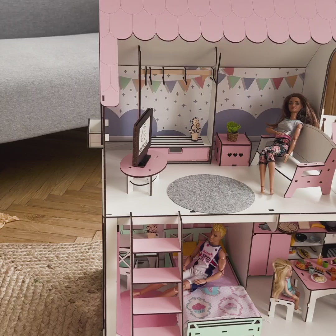 Puppenhaus Dream aus Holz im Maßstab 1:6 NestWood rosa