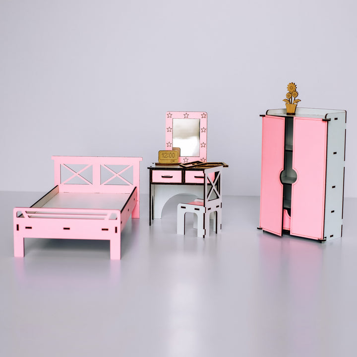 Puppenmöbel aus Holz Schlafzimmer Maßstab 1:6 NestWood Pink