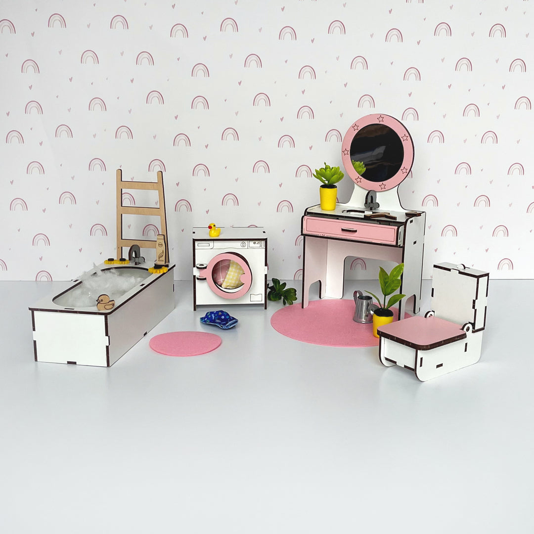 Puppenmöbel aus Holz Badezimmer Maßstab 1:6 NestWood Pink