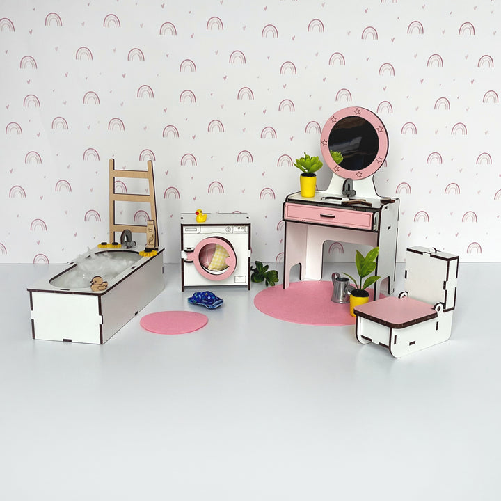 Puppenmöbel aus Holz Badezimmer Maßstab 1:6 NestWood Pink