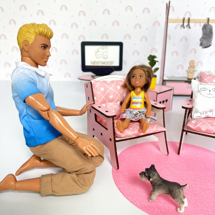Puppenmöbel aus Holz Wohnzimmer Maßstab 1:6 NestWood Pink