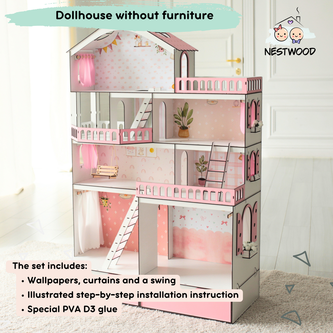 Wooden dollhouse Mansion scale 1:6 NestWood pink