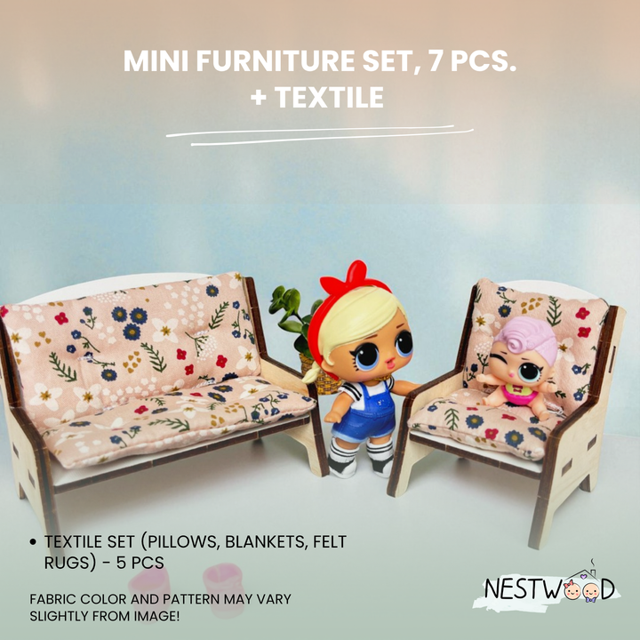 Miniature furniture set with two dolls and floral-patterned cushions on a light background, featuring the brand 'NESTWOOD'.