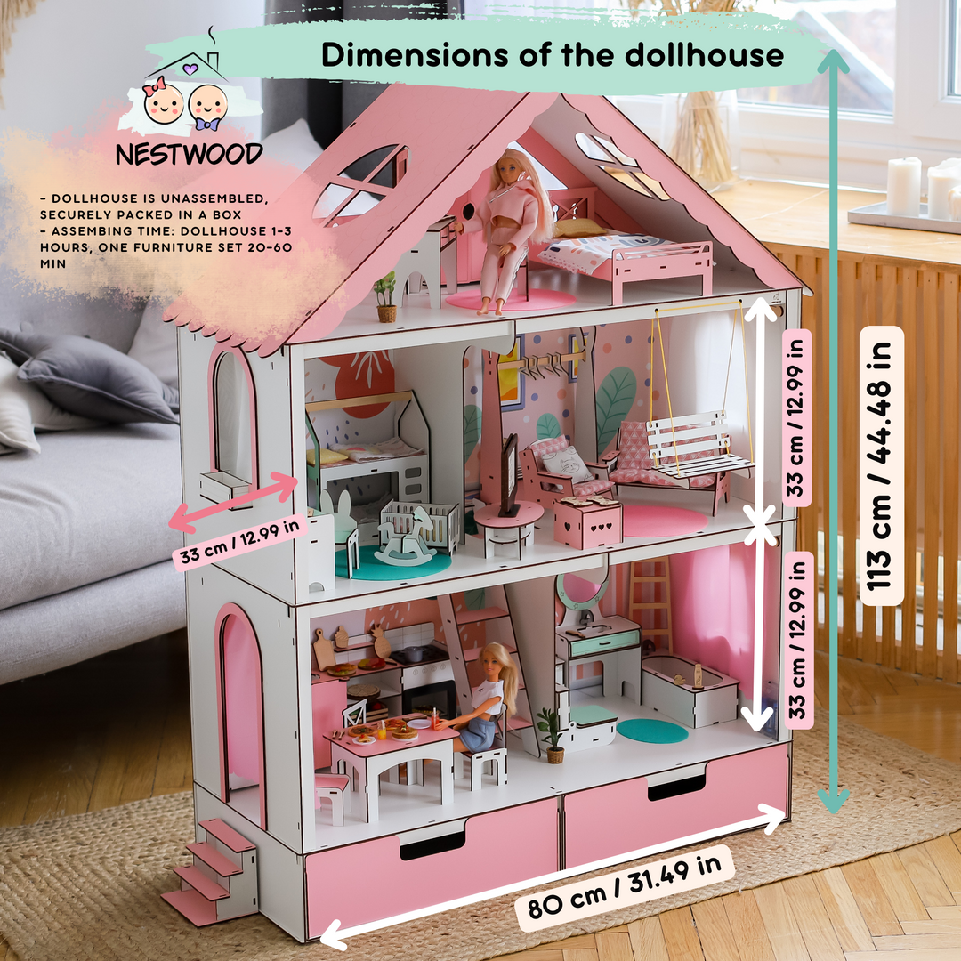 Wooden dollhouse Fantasy with organizer scale 1:6 NestWood pink