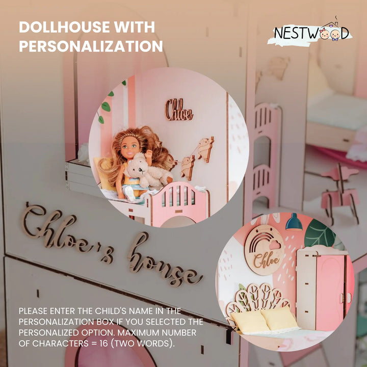 Wooden dollhouse Lux with organizer, balcony and terrace scale 1:6 NestWood pink