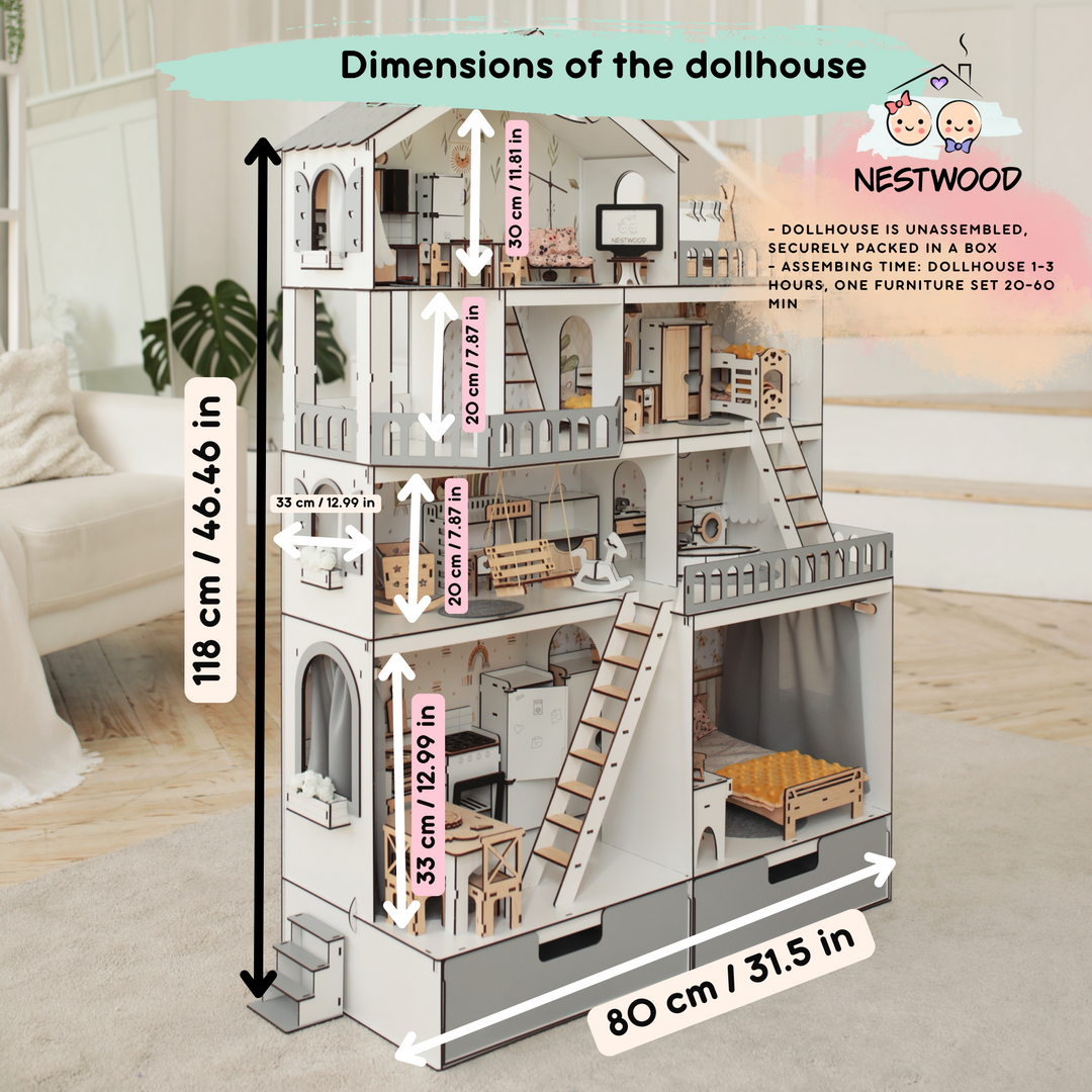 Wooden dollhouse Mansion scale 1:6 NestWood Eco