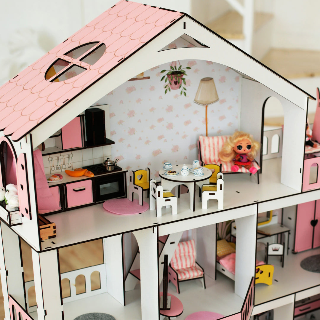 Wooden dollhouse Mansion scale 1:6 NestWood pink