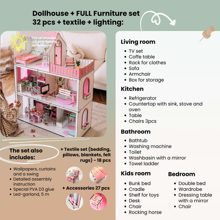 Wooden dollhouse Lux Light scale 1:6 NestWood pink