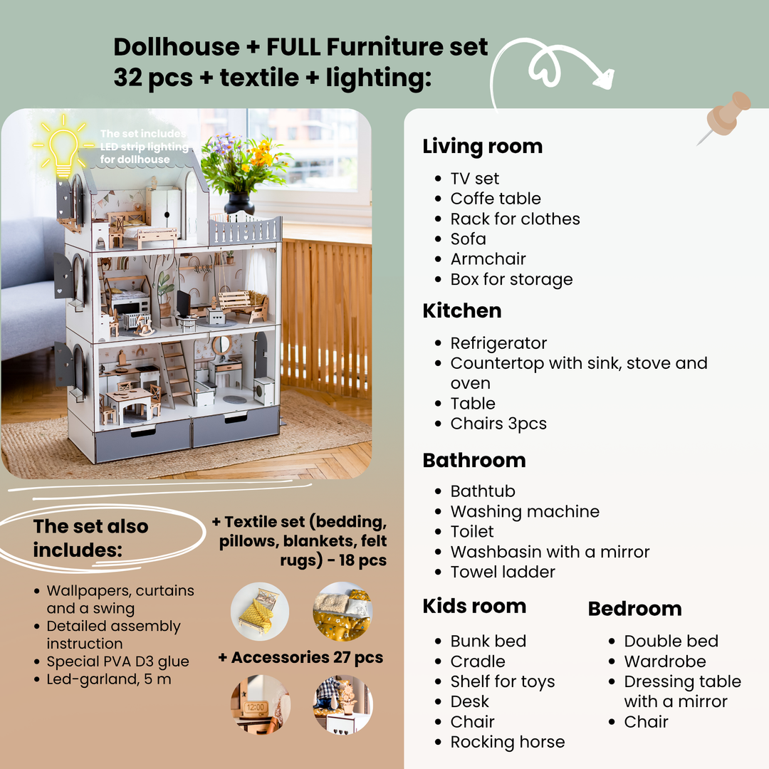 Wooden dollhouse Lux with organizer scale 1:6 NestWood Eco