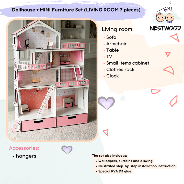 Wooden dollhouse Mansion scale 1:6 NestWood pink