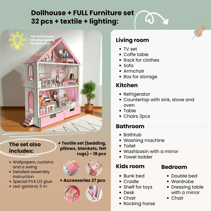 Wooden dollhouse Fantasy with organizer scale 1:6 NestWood pink