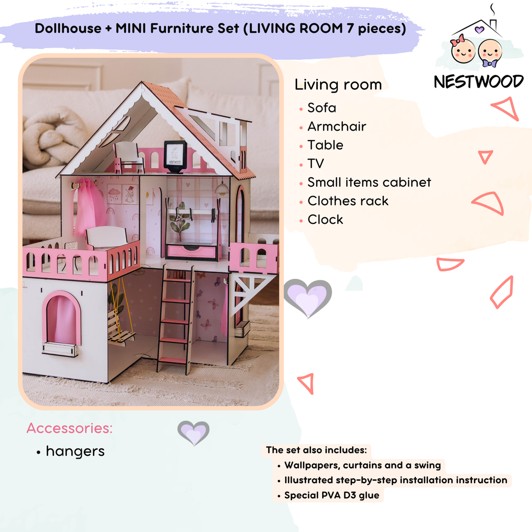 Wooden dollhouse Mini cottage scale 1:12 NestWood Pink