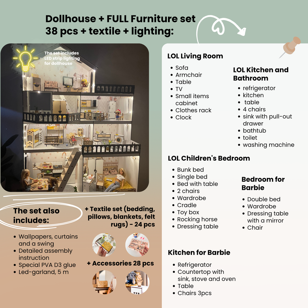 Wooden dollhouse Mansion scale 1:6 NestWood Eco