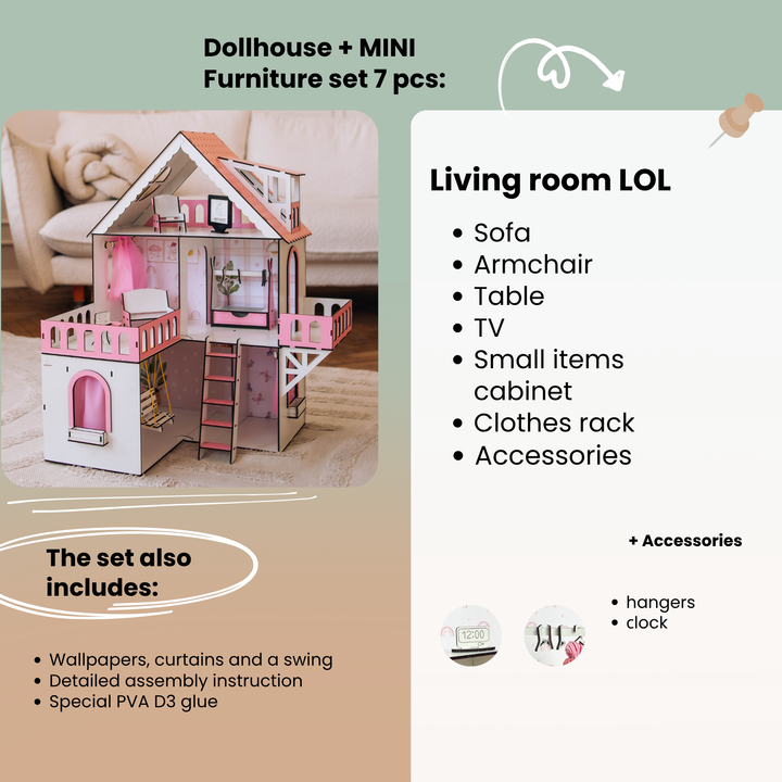 Wooden dollhouse Mini cottage scale 1:12 NestWood Pink