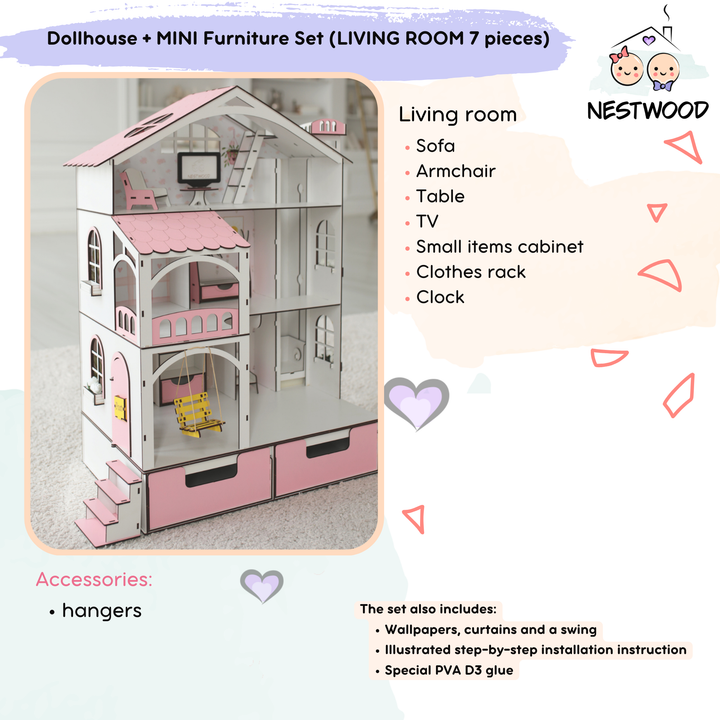 Wooden dollhouse Smart House with organizer and elevator scale 1:12 NestWood Pink