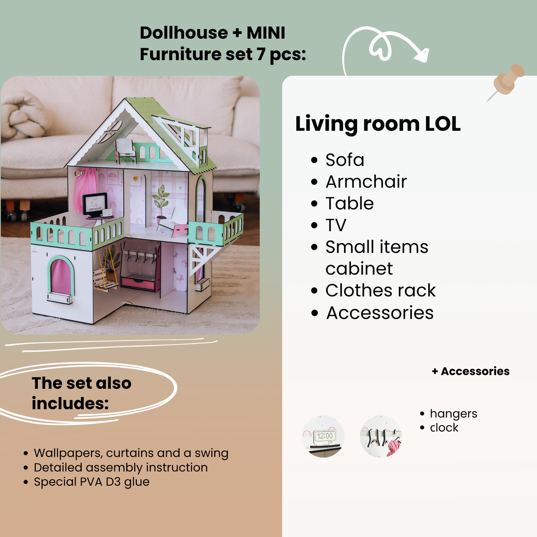 Wooden dollhouse Mini cottage scale 1:12 NestWood Mint