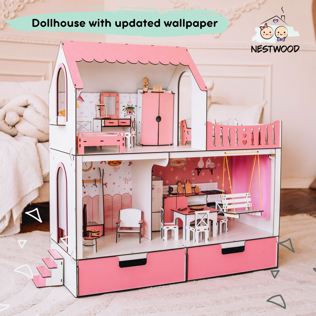 Wooden dollhouse Mriya with organizer scale 1:6 NestWood Pink