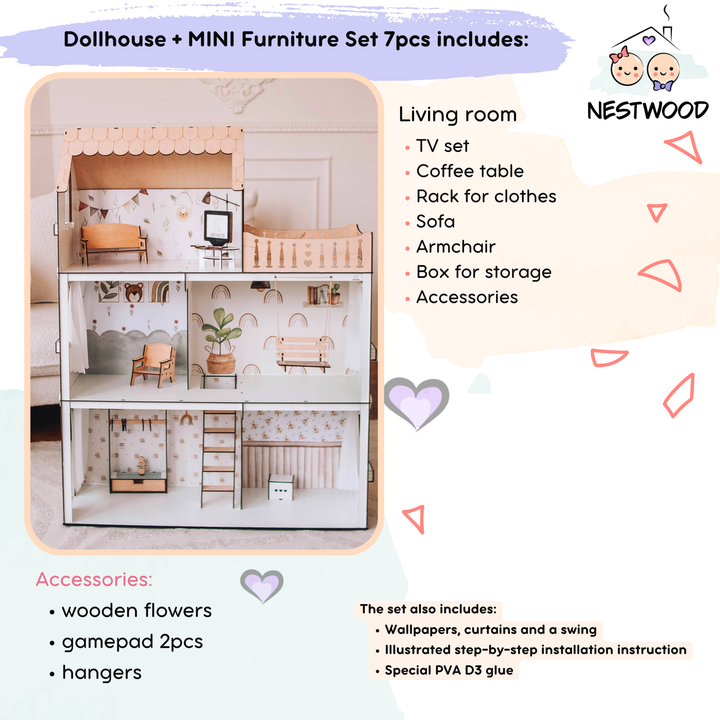 Wooden dollhouse Lux Light scale 1:6 NestWood Scandi