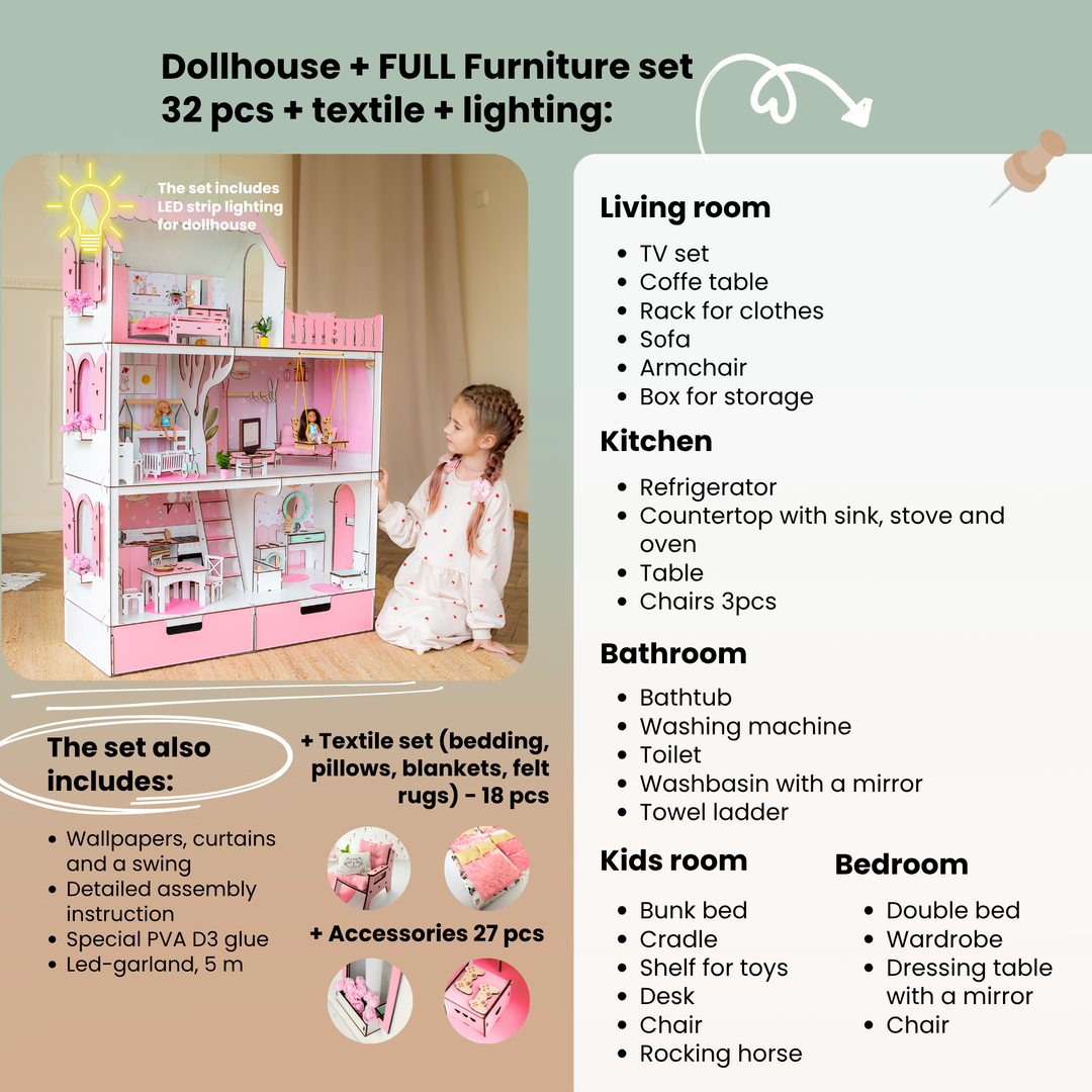 Wooden dollhouse Lux with organizer scale 1:6 NestWood pink