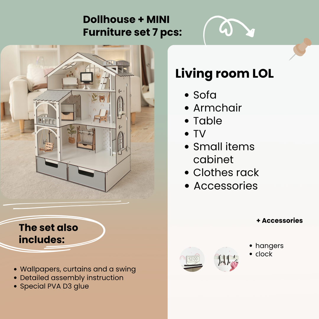 Wooden dollhouse Smart House with organizer and elevator scale 1:12 NestWood Eco