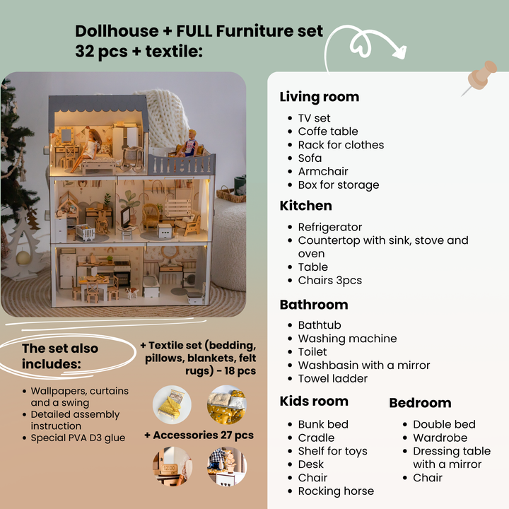 Wooden dollhouse Lux Light scale 1:6 NestWood Eco
