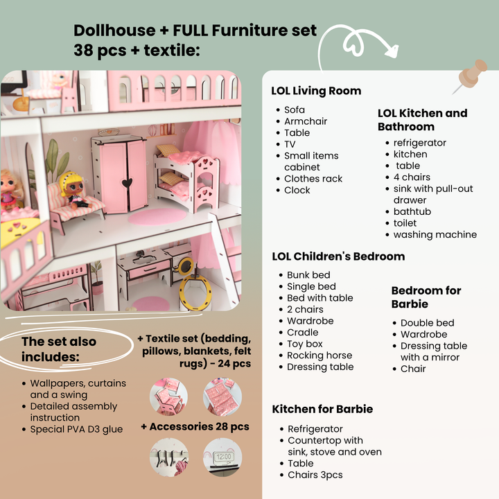 Wooden dollhouse Mansion scale 1:6 NestWood pink