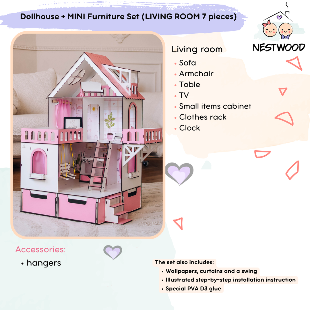 Wooden dollhouse Mini cottage with organizer scale 1:12 NestWood Pink