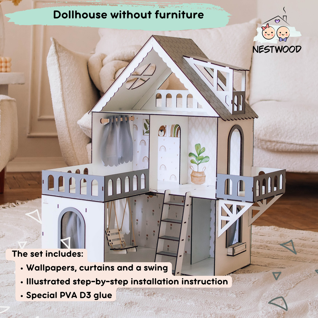 Wooden dollhouse Mini cottage scale 1:12 NestWood Eco