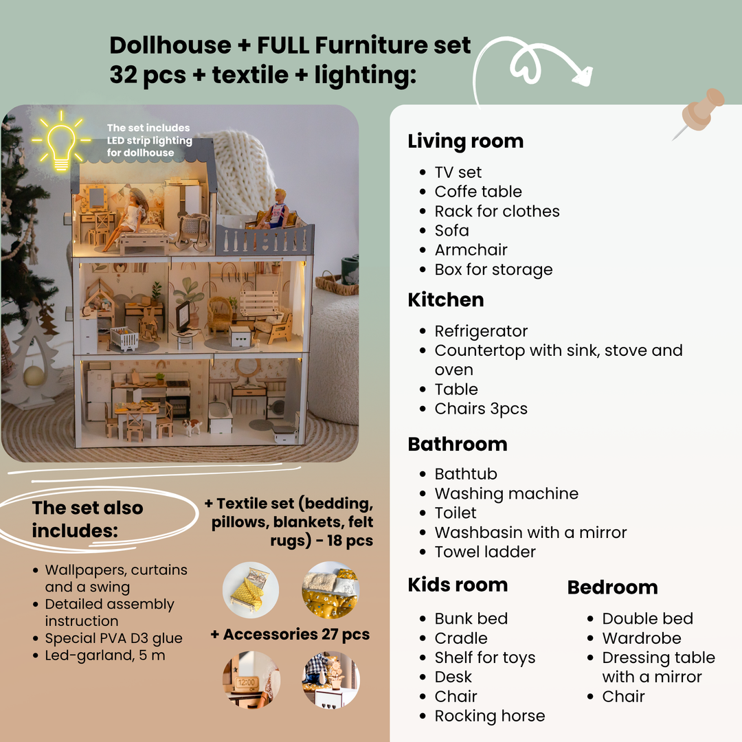 Wooden dollhouse Lux Light scale 1:6 NestWood Eco