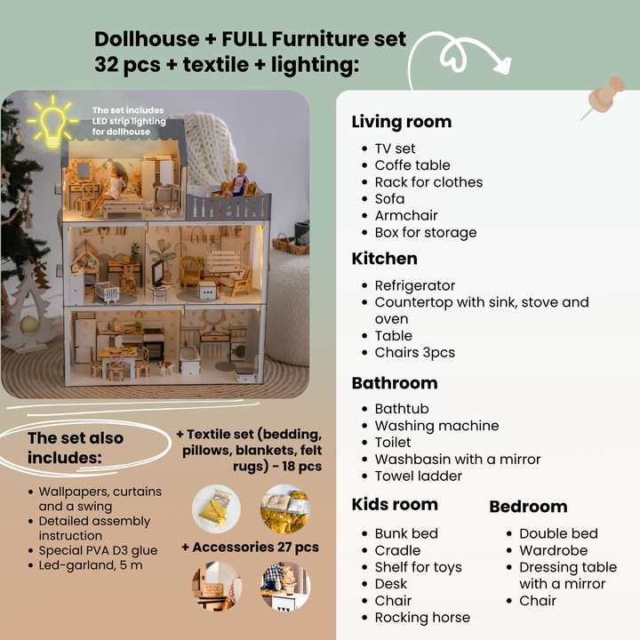 Wooden dollhouse Lux Light scale 1:6 NestWood Eco