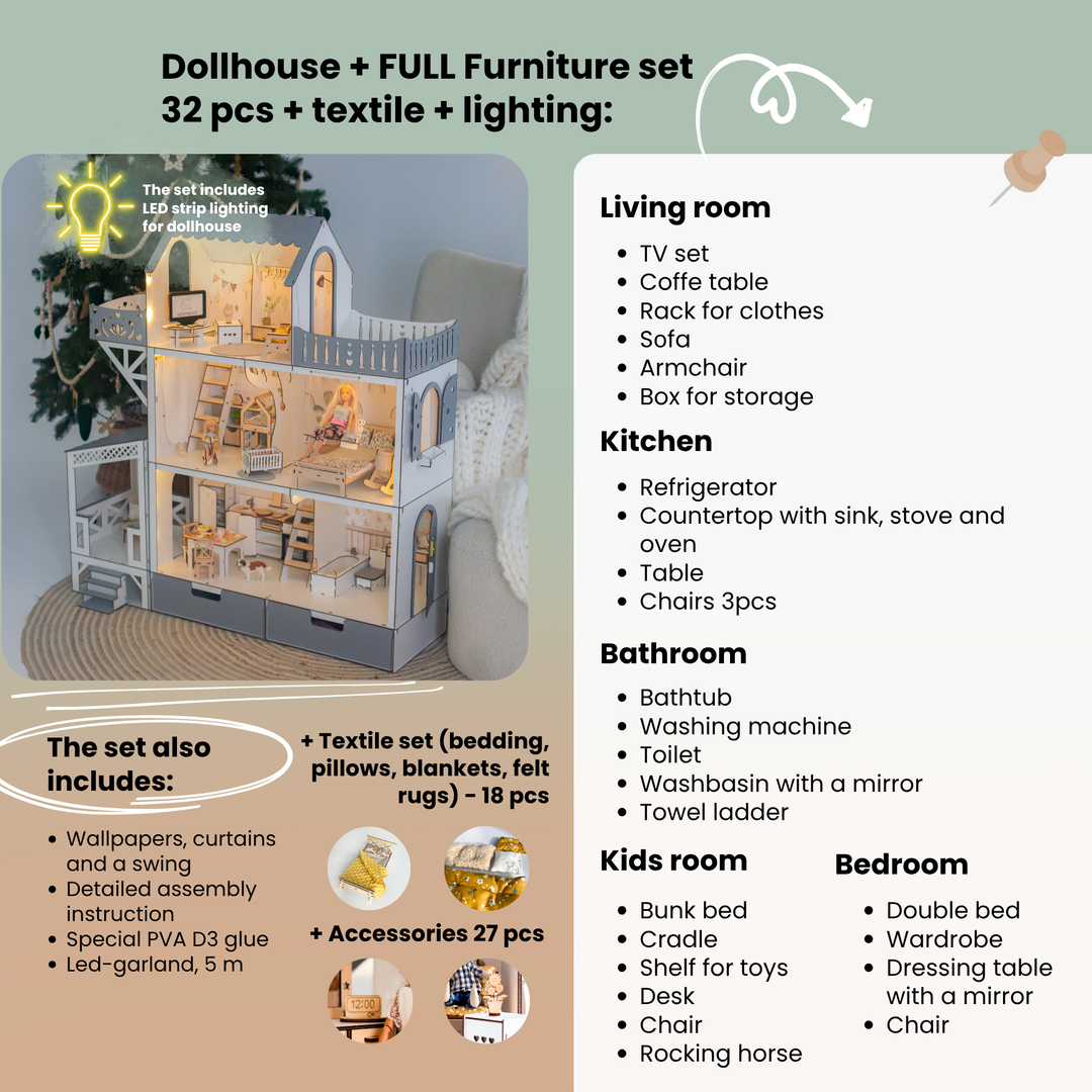 Wooden dollhouse Lux with organizer, balcony and terrace scale 1:6 NestWood Eco