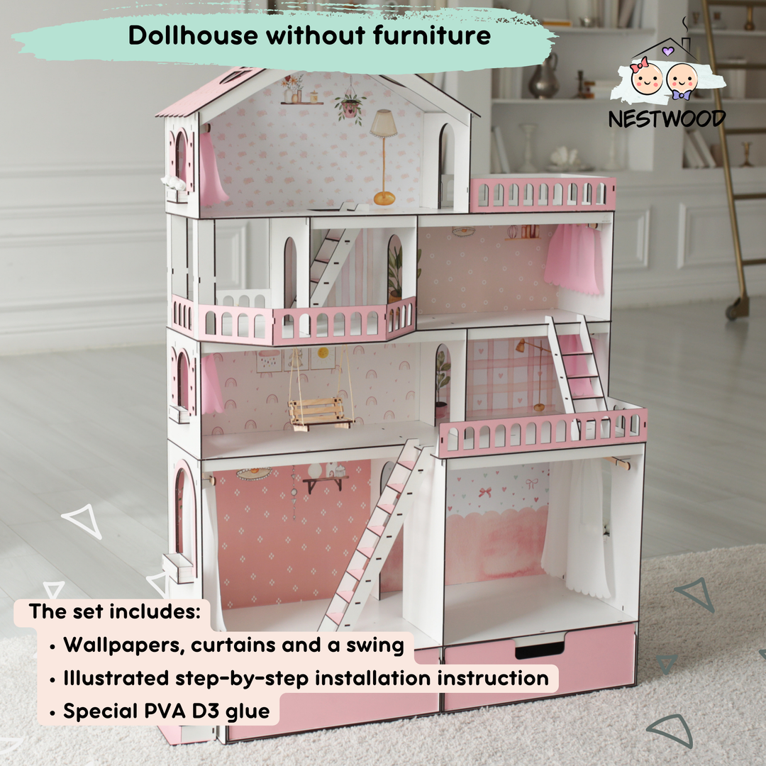 Wooden dollhouse Mansion scale 1:6 NestWood pink