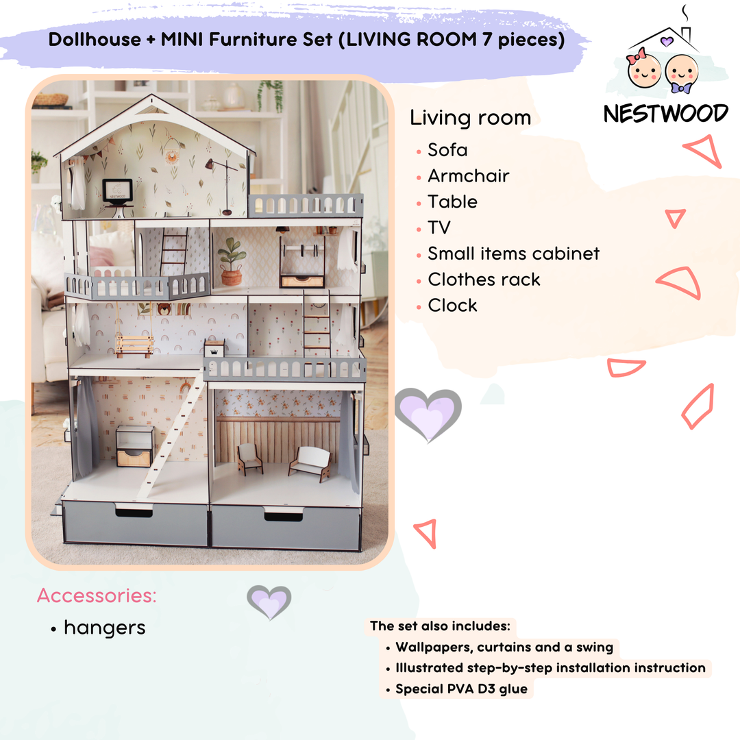 Wooden dollhouse Mansion scale 1:6 NestWood Eco