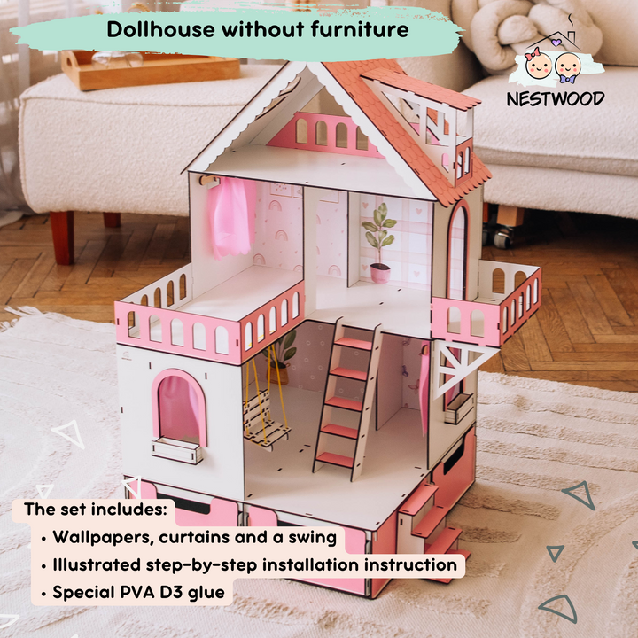 Wooden dollhouse Mini cottage with organizer scale 1:12 NestWood Pink