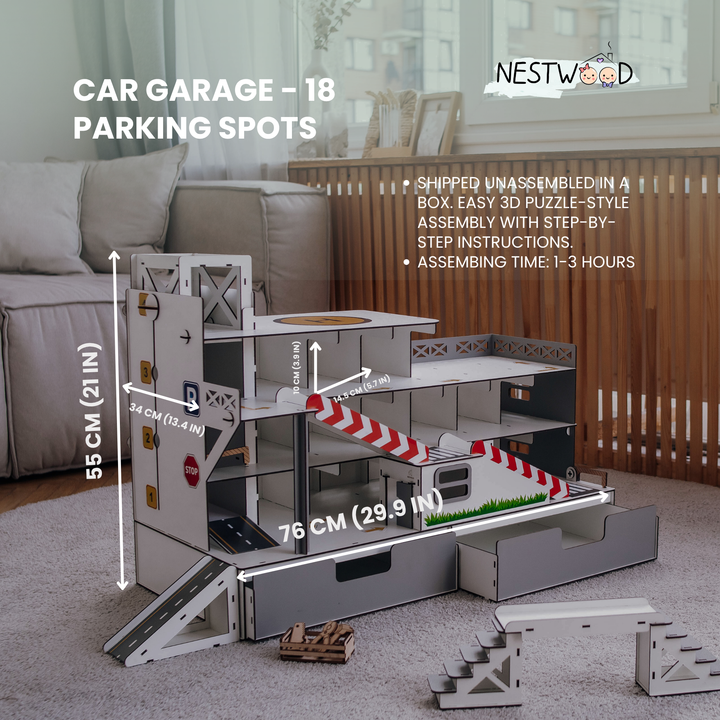 Toy garage parking with elevator and organizer scale 1:6 NestWood Maxi Eco