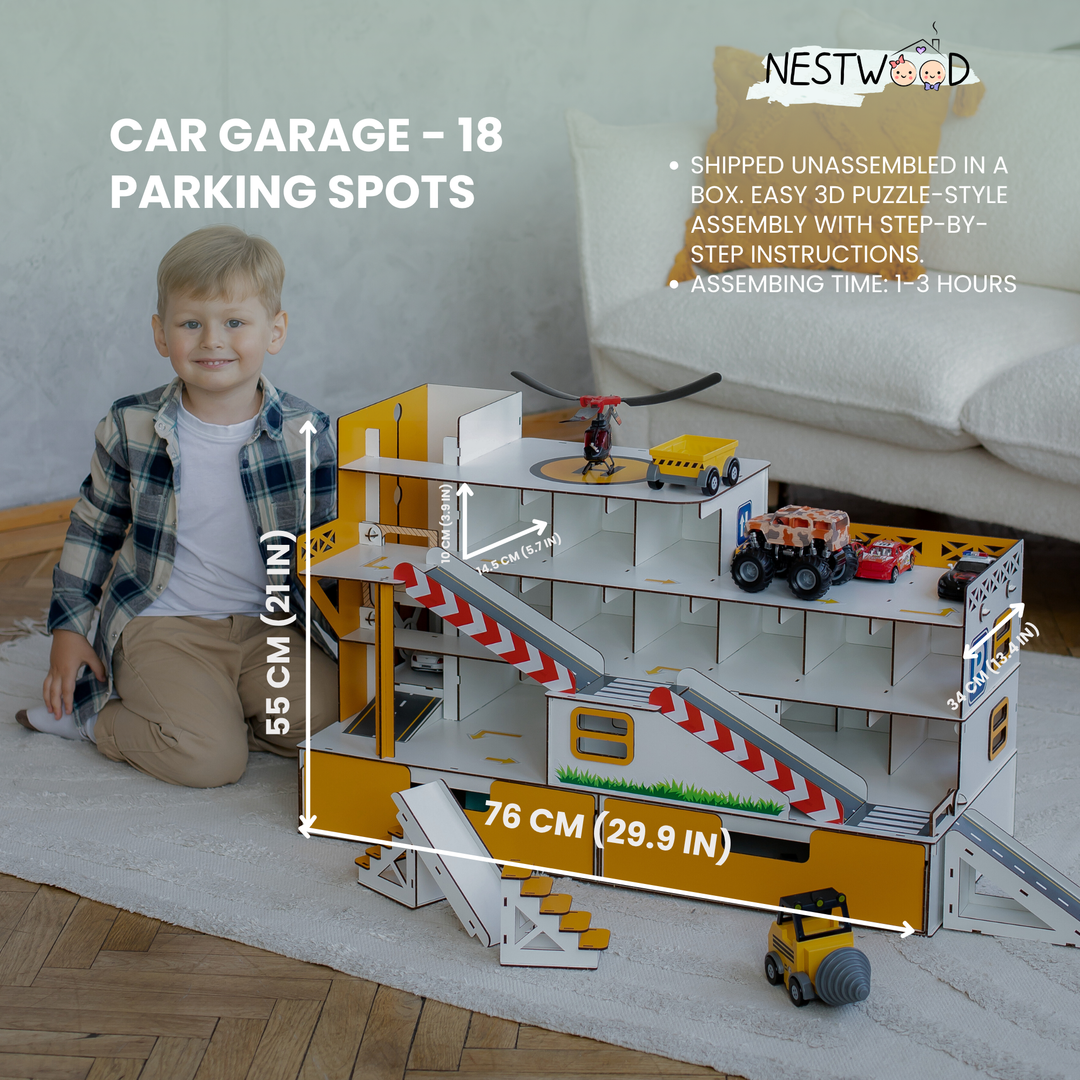 Toy garage parking with elevator and organizer scale 1:6 NestWood Maxi