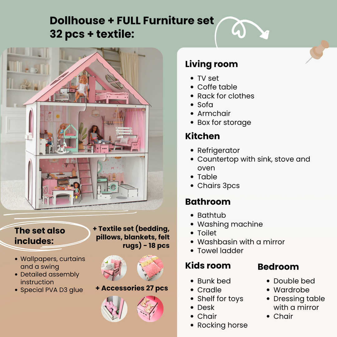 Wooden dollhouse Fantasy scale 1:6 NestWood pink