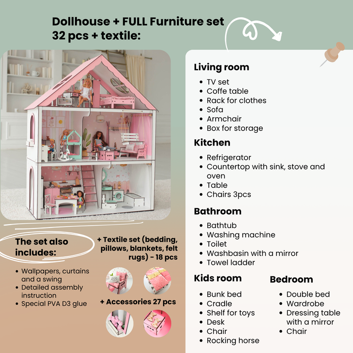 Wooden dollhouse Fantasy scale 1:6 NestWood pink