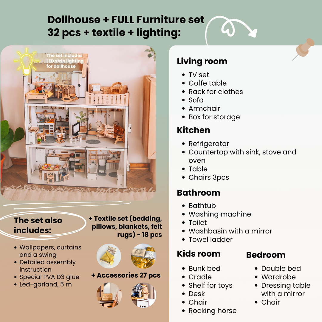 Wooden dollhouse Lux Light scale 1:6 NestWood Scandi