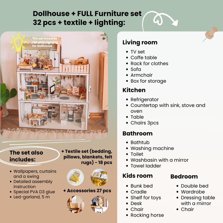 Wooden dollhouse Lux Light scale 1:6 NestWood Scandi