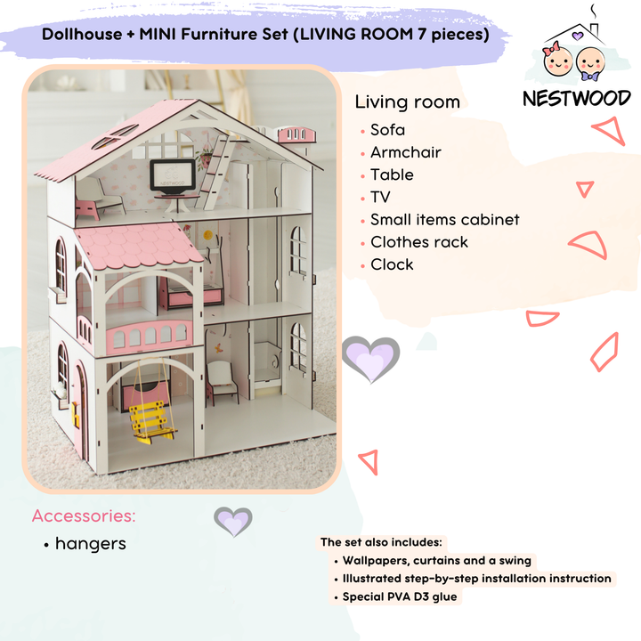 Wooden dollhouse Smart House with elevator scale 1:12 NestWood Pink