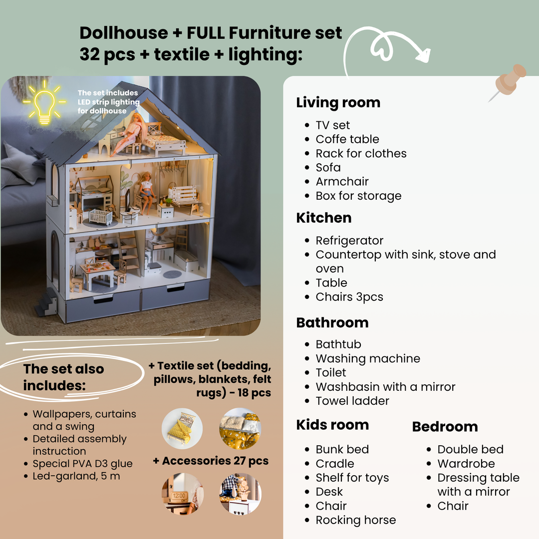 Wooden dollhouse Fantasy with organizer scale 1:6 NestWood Eco