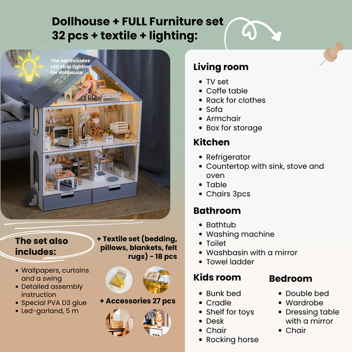 Wooden dollhouse Fantasy with organizer scale 1:6 NestWood Eco