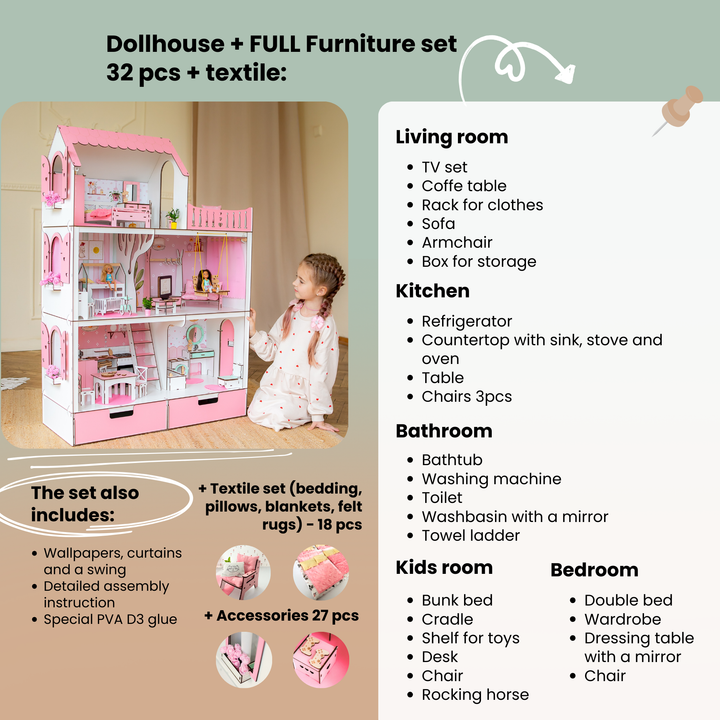 Wooden dollhouse Lux with organizer scale 1:6 NestWood pink