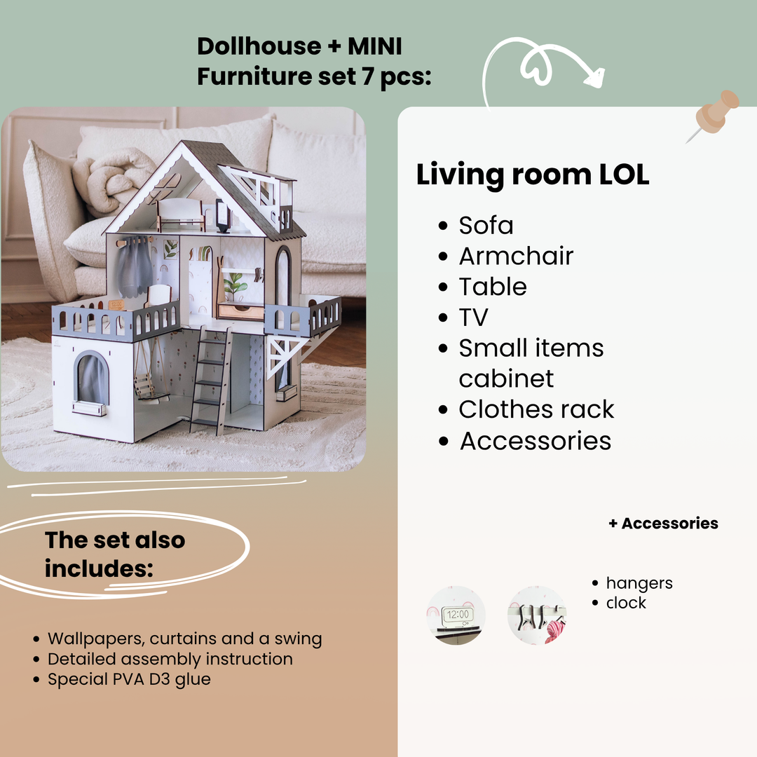 Wooden dollhouse Mini cottage scale 1:12 NestWood Eco