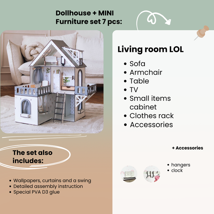 Wooden dollhouse Mini cottage scale 1:12 NestWood Eco
