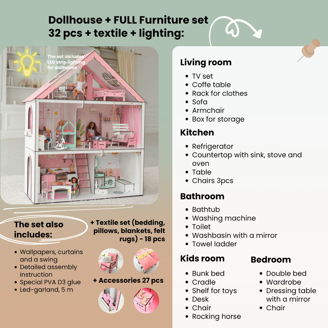 Wooden dollhouse Fantasy scale 1:6 NestWood pink
